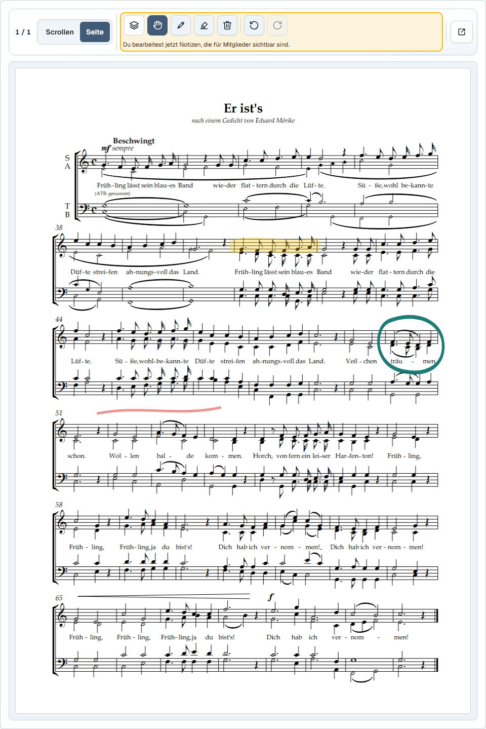 PDF-Partitur mit Annotationen und Werkzeugleiste für die geteilte Ebene