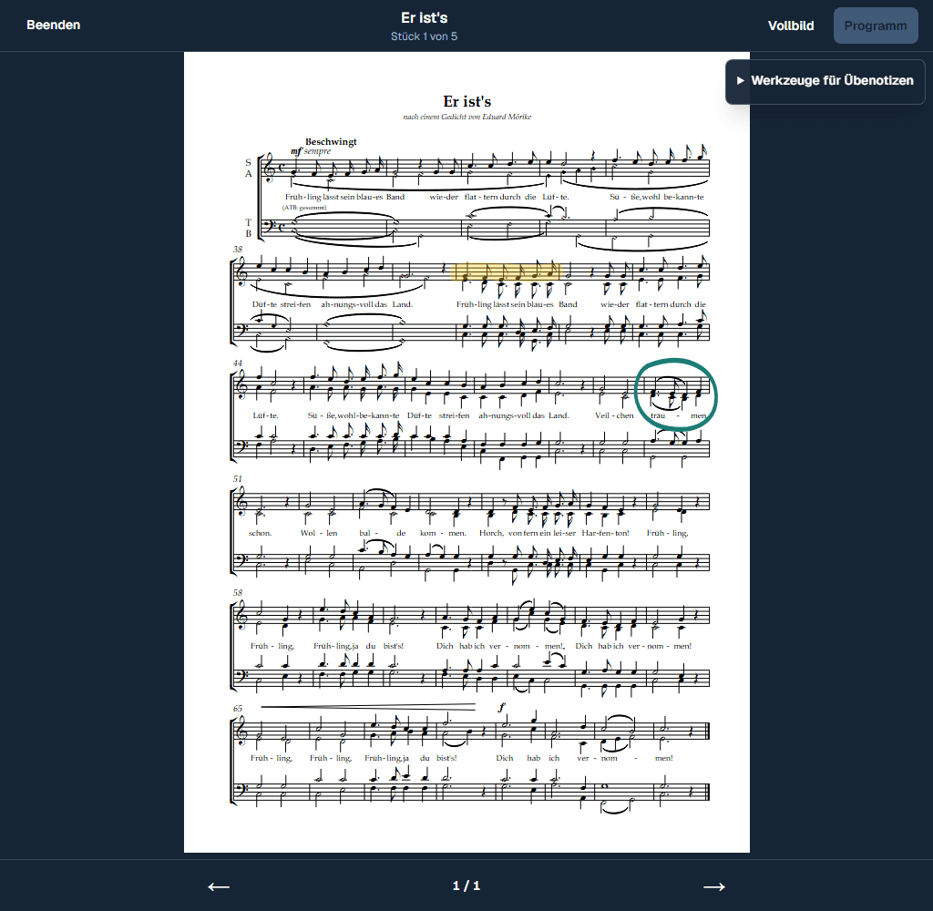 Concert Mode mit Partituranzeige, Programmnavigation und Vollbildsteuerung