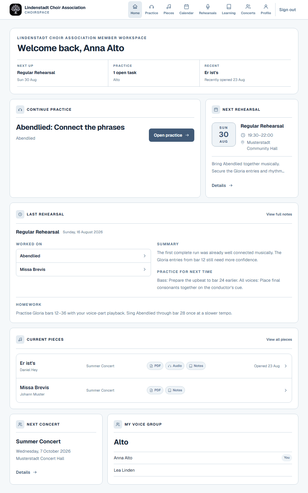 Member dashboard with current pieces, rehearsal context, and available materials